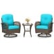 Two turquoise cushioned swivel rockers with a tempered glass side table, perfect for backyard relaxation.