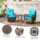 Patio swivel rocker set featuring turquoise cushions, mix brown PE rattan, and a tempered glass side table for outdoor.