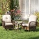 Patio swivel rocker set featuring well-woven rattan, thick white cushions, and a tempered glass side table for outdoor.