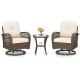 Patio swivel rocker set featuring two chairs with thick cushions and a tempered glass side table, perfect for outdoor.