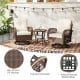 Patio swivel rocker set featuring mix brown PE rattan, thick white cushions, and a tempered glass side table for.