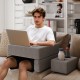 Extra large gray lap desk with ergonomic back support, cup holders, and storage pocket for versatile reading and.