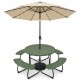Round picnic table set with 10FT solar LED umbrella, featuring HDPE material and sturdy metal frame for outdoor use.