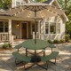 Round picnic table set with 10FT solar LED umbrella, made of HDPE, perfect for outdoor patio gatherings.