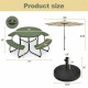 Round picnic table set with 10FT solar LED umbrella and base, featuring durable HDPE material and reinforced metal.