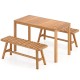 Acacia wood patio dining set with rectangular table and slatted benches, perfect for outdoor spaces like gardens and.