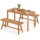 Acacia wood patio dining set with rectangular table and slatted benches, perfect for outdoor gatherings and.