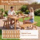 Acacia wood patio dining set with slatted seats, featuring a rectangular table and two benches for outdoor use.