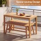 Acacia wood patio dining set featuring a rectangular table and two slatted benches, perfect for outdoor spaces.