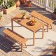 Acacia wood patio dining set featuring a rectangular table and two slatted benches, perfect for outdoor gatherings.