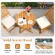 Acacia wood patio bistro set with beige cushions, featuring a splinter-free surface and folding design for easy storage.