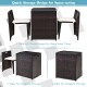 Cushioned wicker patio bistro set with space-saving design, featuring a table and two chairs for outdoor relaxation.