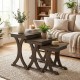 Nesting coffee table set of 3 with solid rubber wood legs in brown, ideal for living room or bedroom organization.