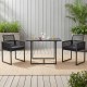 Outdoor dining set featuring two chairs with cushions and a glass table, crafted from black PE rattan for backyard use.