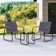 Two gray outdoor chairs with removable cushions and a square side table, perfect for patio conversation.