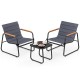 Gray patio bistro set with two chairs and a square side table, featuring removable cushions and sturdy metal frame.