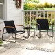 Two gray patio chairs with wood-plastic armrests and a square side table, perfect for outdoor relaxation on a balcony.