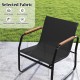 Black patio armchair with breathable mesh fabric and plastic wood armrests, ideal for outdoor relaxation and durability.