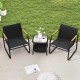 Top view of a black patio furniture set with two ergonomic chairs and a rustic square side table, ideal for outdoor.