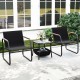 Cozy outdoor bistro set featuring two black chairs with wood armrests and a stylish square table for relaxing patio.