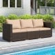 Three-piece patio sectional sofa set with beige cushions, made of hand-woven PE rattan, ideal for poolside relaxation.
