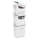 Stackable white plastic storage bins with front door and side handles, ideal for versatile home organization.