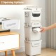 Stackable white plastic storage bins with front door and side handles, featuring ventilation holes for versatile home.