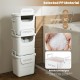 Stackable white plastic storage bins with front door, 32 QT capacity, lightweight and waterproof for versatile home.