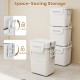 Close-up of a single stackable white plastic storage bin featuring a reinforced lid and locking side handles for secure.