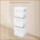 Stacked white plastic storage bins with front door and side handles, 32 QT capacity each for versatile home.