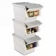 Stackable gray storage bins with stay-open lids, featuring 35 QT capacity and wheels for easy mobility, ideal for.