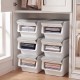 Stackable gray storage bins with stay-open lids, featuring 35 QT capacity and wheels for easy mobility, perfect for.