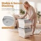 Stackable gray storage bins with wheels and interlocking lids, perfect for organizing kitchens and bedrooms.