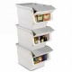 Stackable gray storage bins with stay-open lids, featuring 12.5 QT capacity and wheels for easy mobility and.