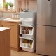 Stackable gray storage bins on wheels with stay-open lids, ideal for organizing kitchens and closets.