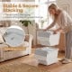Stackable gray storage bins on wheels with stay-open lids, featuring interlocking grooves for secure stacking and easy.