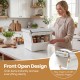 Stackable gray storage bin with stay-open lid, showcasing front access and wheels for easy mobility in kitchen.