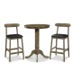 Round wood bar table set with pedestal base and two armless stools, featuring natural rubber wood and padded seats.