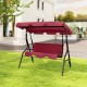 Three-seat outdoor patio canopy swing with cushioned steel frame in red, perfect for relaxing in the garden.