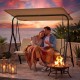3-seat patio swing chair with adjustable canopy, beige cushions, perfect for outdoor lounging and relaxation.