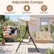 3-seat patio swing chair with adjustable canopy, beige cushions, and heavy-duty metal frame for outdoor lounging.
