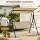 3-seat patio swing chair with adjustable canopy and removable beige cushions, perfect for outdoor lounging and comfort.