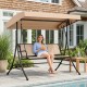 3-seat patio swing chair with adjustable beige canopy, perfect for outdoor relaxation by the pool.