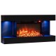 Three-sided black wall mount electric fireplace with 12 flame colors, floating mantel, and WiFi connectivity for cozy ambiance.