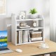 3-tier white wooden desktop bookshelf showcasing open shelves and raised guardrails, perfect for efficient organization.
