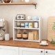 3-tier white wooden desktop bookshelf with raised guardrails, ideal for organizing books and kitchen items in small.