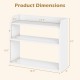 3-tier white wooden desktop bookshelf dimensions with raised guardrails for secure storage in small spaces.