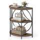 3-tier half round end table in rustic brown with metal frame, perfect for living room storage and decor.