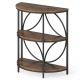 3-tier half round end table in rustic brown with a sturdy metal frame, perfect for living room storage and decor.