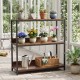 3-tier industrial bookshelf with rustic brown wooden shelves and metal frame, displaying potted plants and gardening.